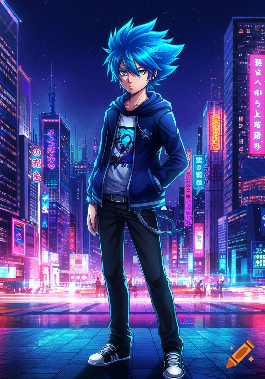 Anime teenager with blue hair standing in a neon-lit cyberpunk city street
