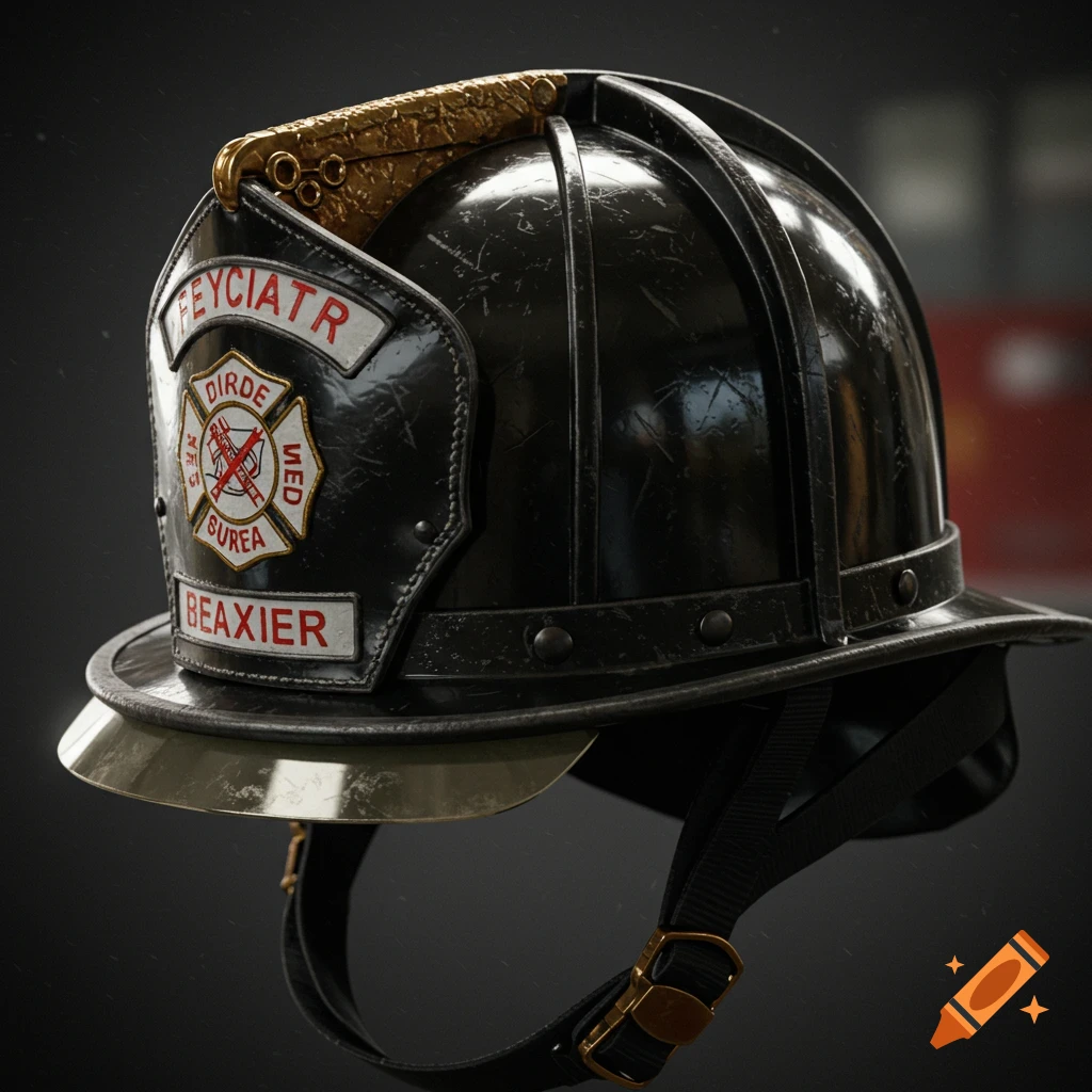 A black firefighter helmet with a shield and gold accents. Photorealistic style.