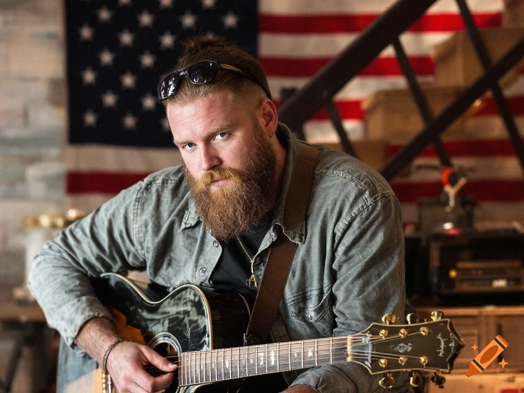 A man with a beard and sunglasses playing an acoustic guitar in front of an American flag.