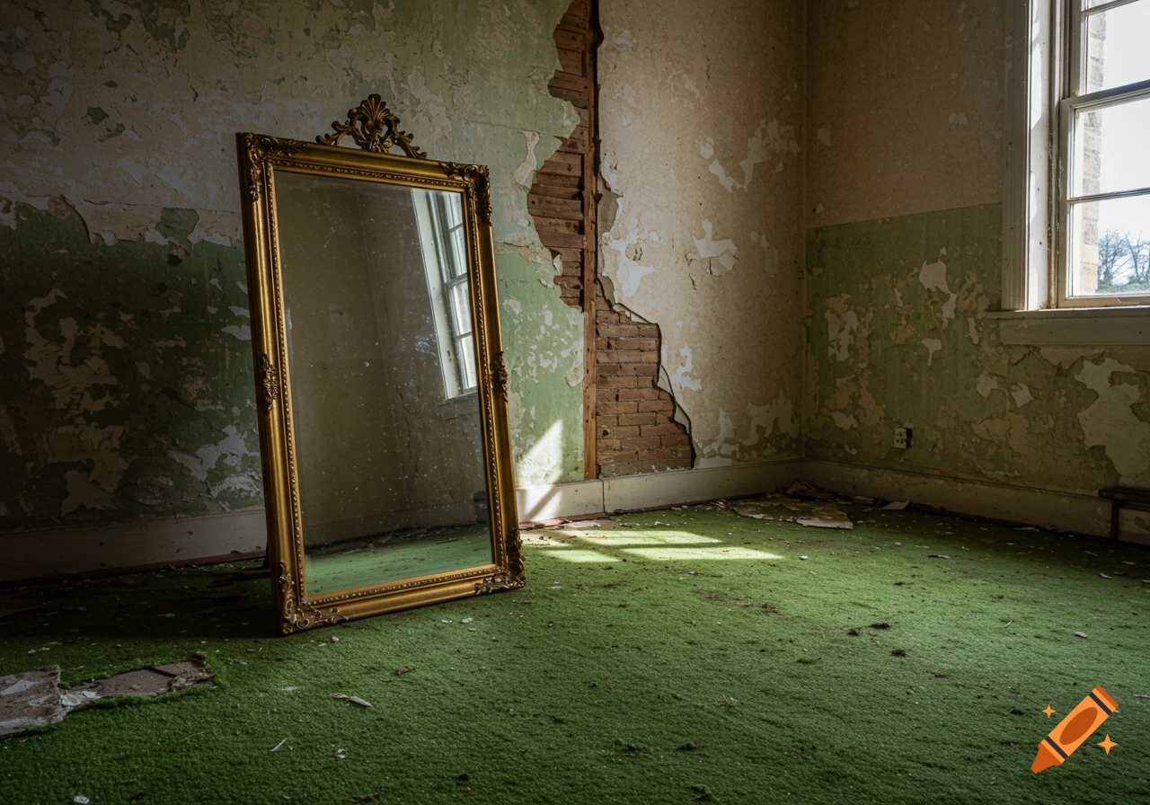 A leaning gold-framed mirror sits in a derelict room with peeling walls, exposed brick, and worn green carpet.