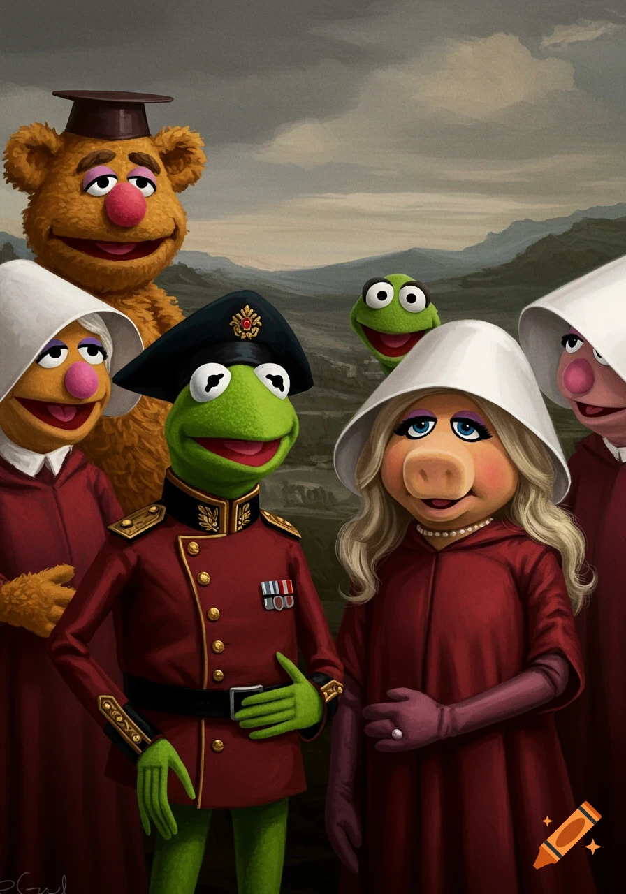 Kermit the Frog in a military uniform stands with Miss Piggy and other Muppets in Handmaid's Tale outfits in a landscape, digital painting style.
