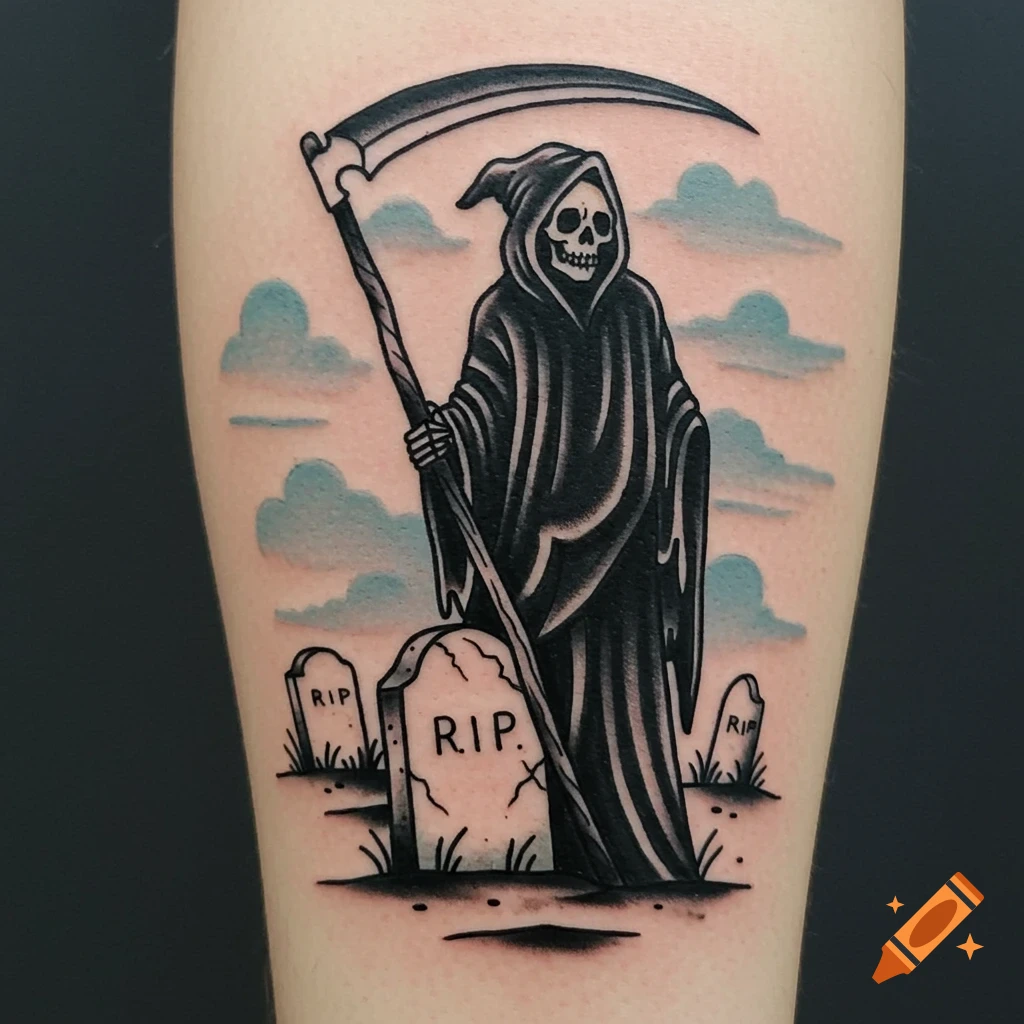 Traditional tattoo of a grim reaper standing over grave markers with RIP written on them.