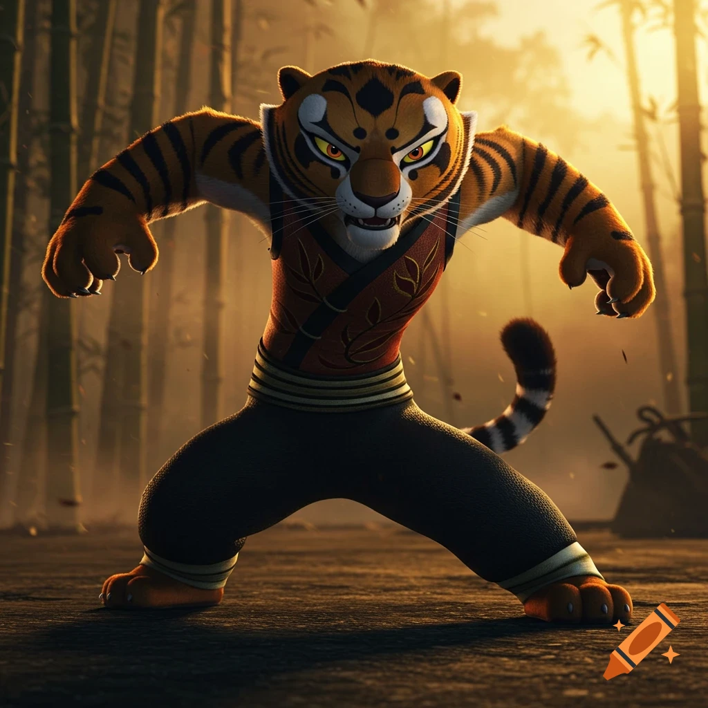 Cartoon tiger character in martial arts pose in bamboo forest setting