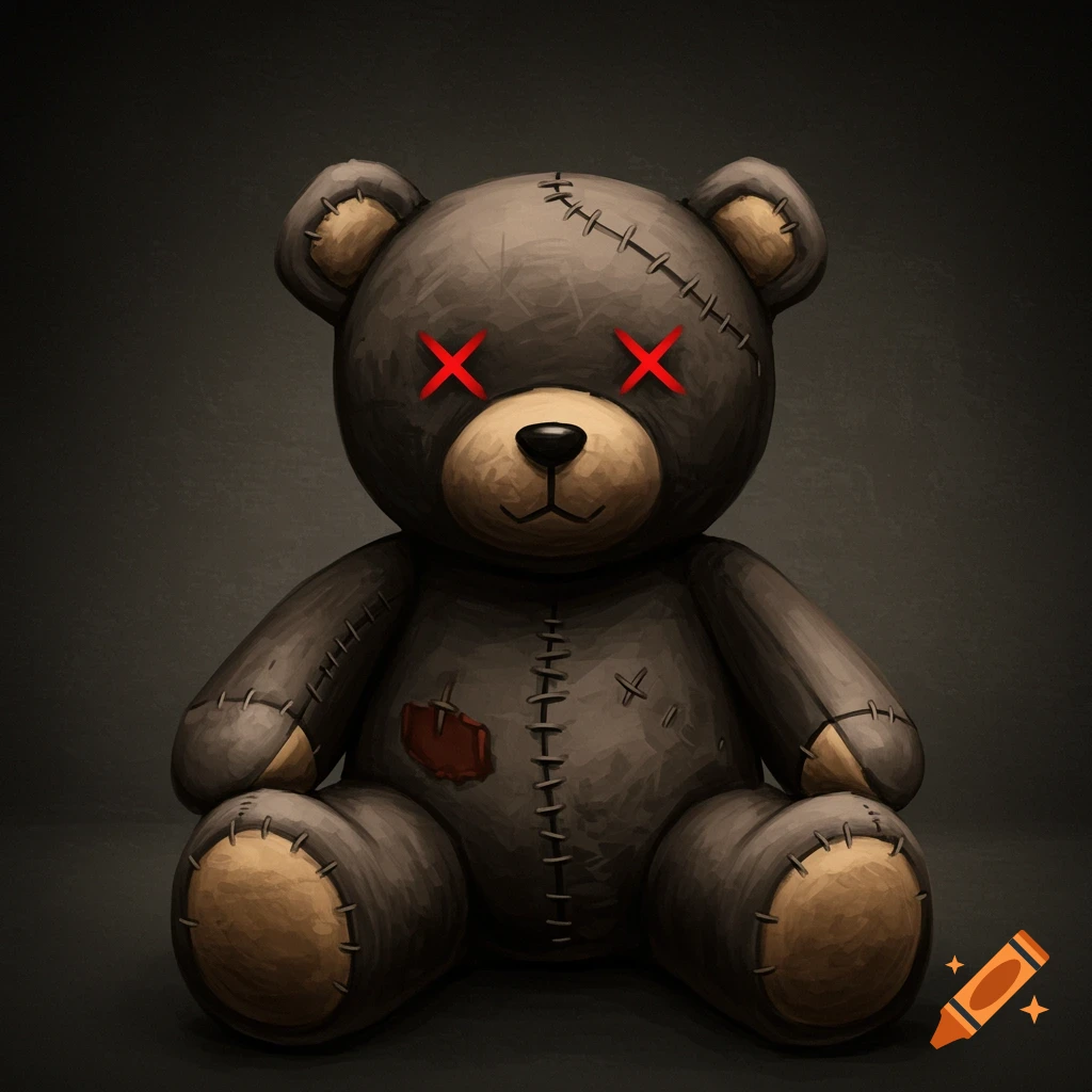 A grunge-style illustration of a stitched teddy bear with red X's for eyes.