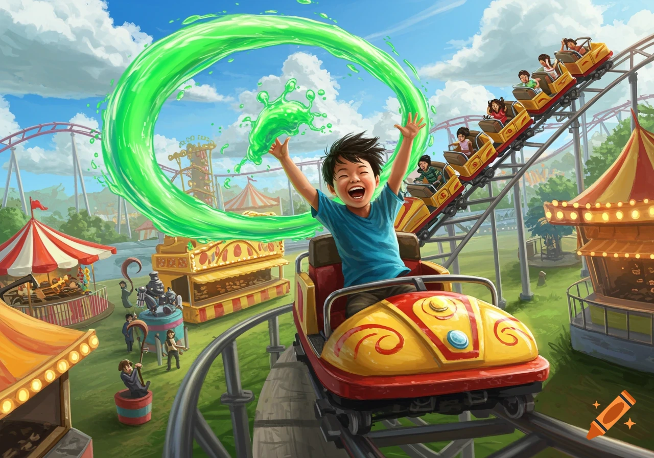 Boy on rollercoaster in amusement park with green liquid splashing