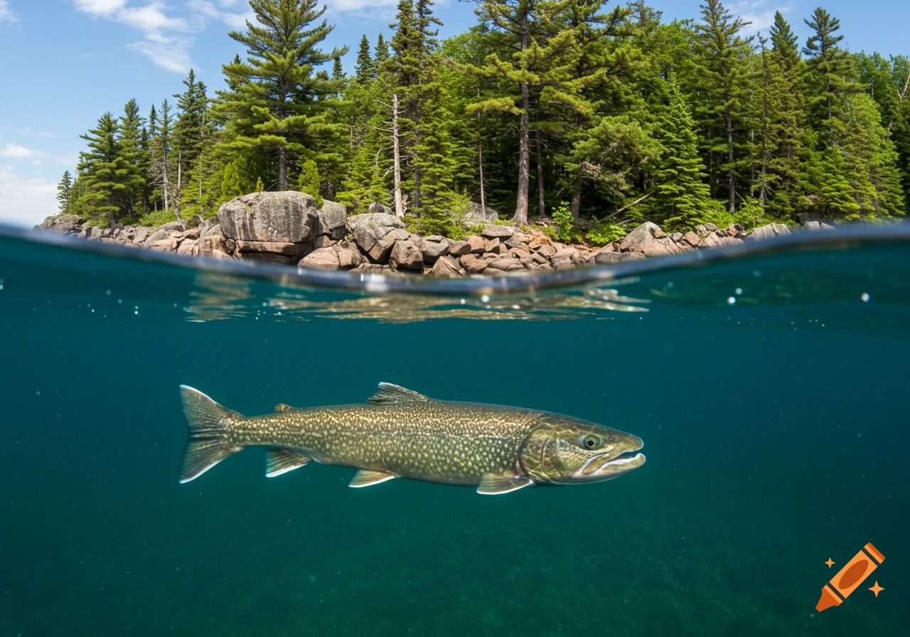 Split-level view of a trout swimming underwater and a rocky forest shoreline above.