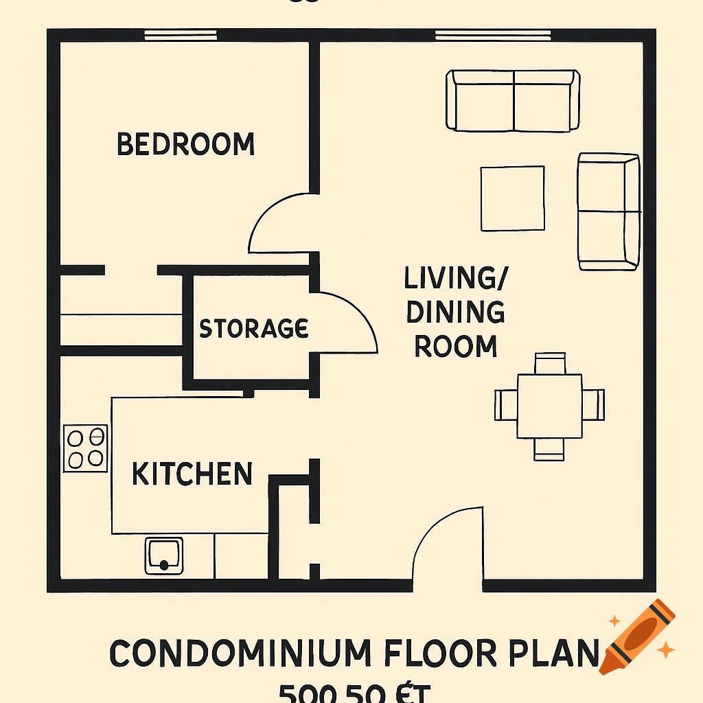 A black and white line drawing of a condominium floor plan with rooms labeled Bedroom, Storage, Kitchen, and Living/Dining Room.