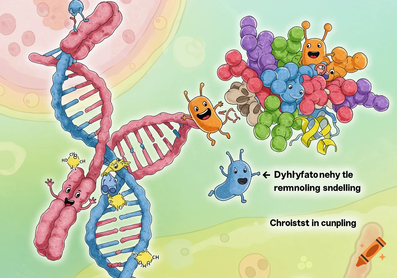 Cartoon illustration of DNA, methylation, and proteins with cartoon characters.
