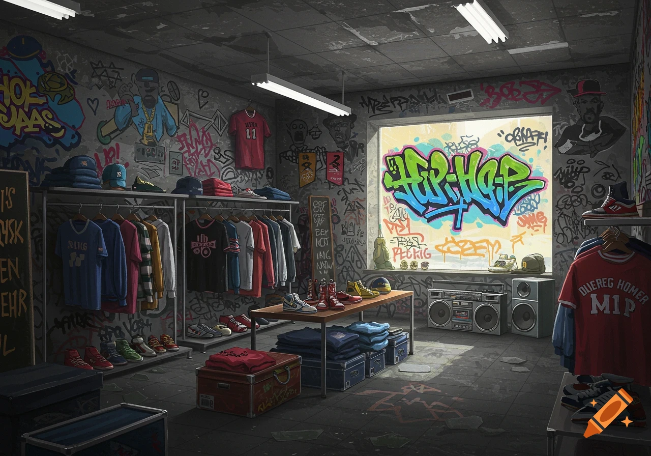 Illustration of a 90s hip hop themed shop interior with clothes, sneakers, boombox, and graffiti covered walls.