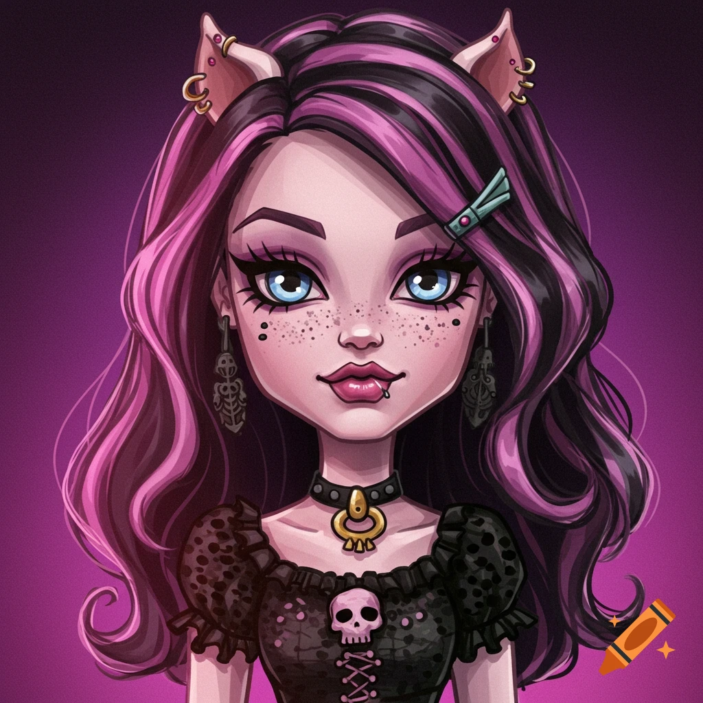 Cartoon portrait of a girl with cat ears and gothic clothing, in a Monster High doll style.