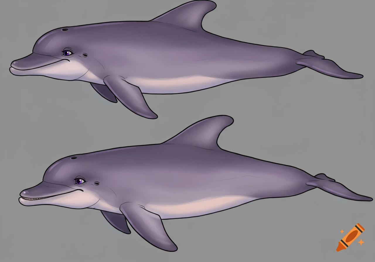 Two cartoon dolphins in 90s animation style on grey background