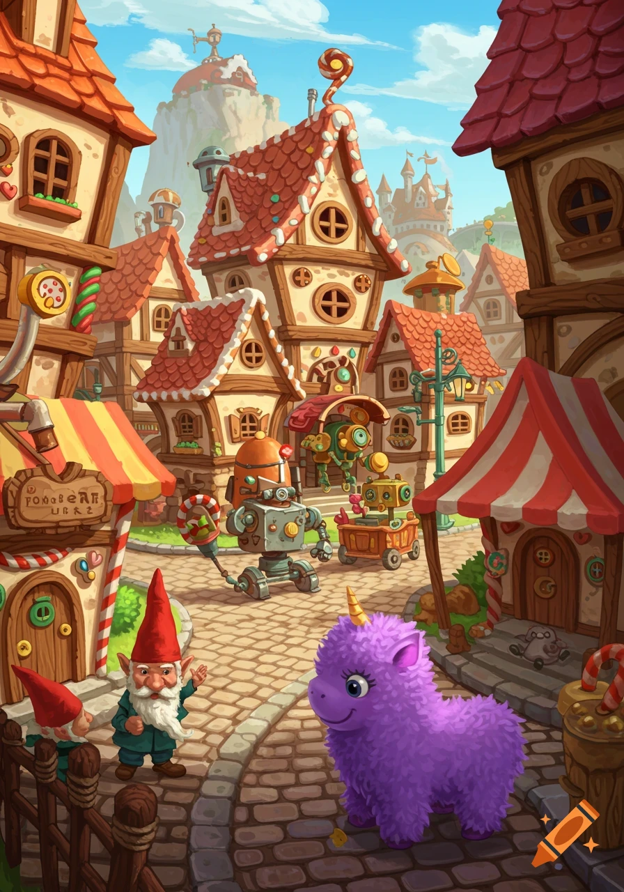 Whimsical cartoon village with candy houses, gnomes, robots, and a purple unicorn