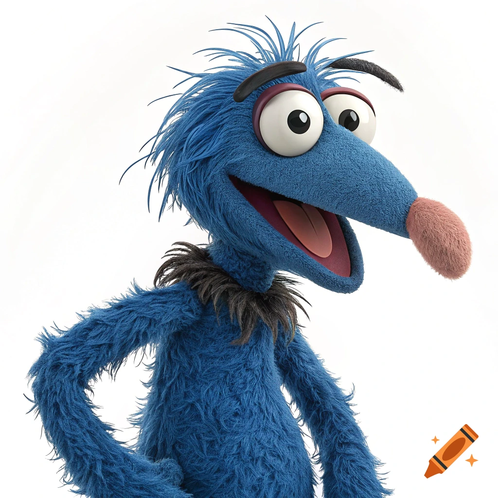A fluffy blue muppet-like creature with large googly eyes and a long pink nose smiles with its mouth open.