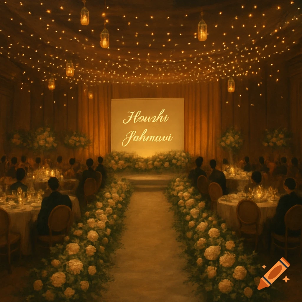 Indoor event setup with a flower-lined walkway, tables, people, a screen backdrop, and hanging lights.