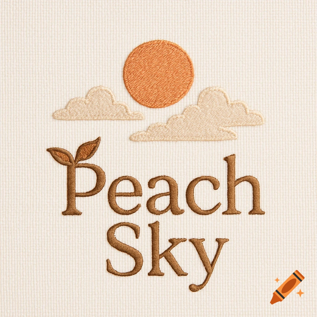 Embroidered logo for Peach Sky with a sun, clouds, and text.