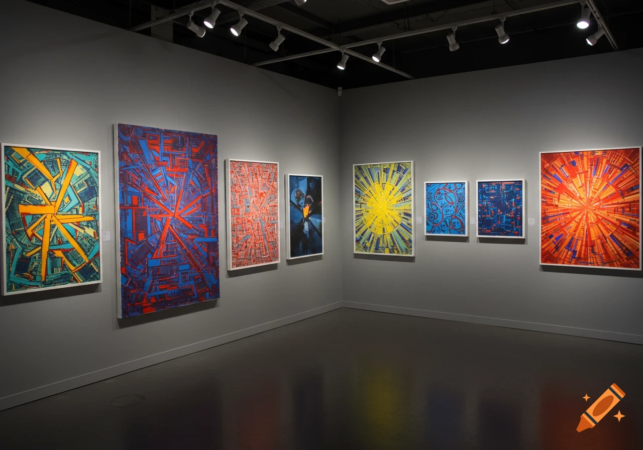 Abstract paintings hung on a grey wall in an art gallery