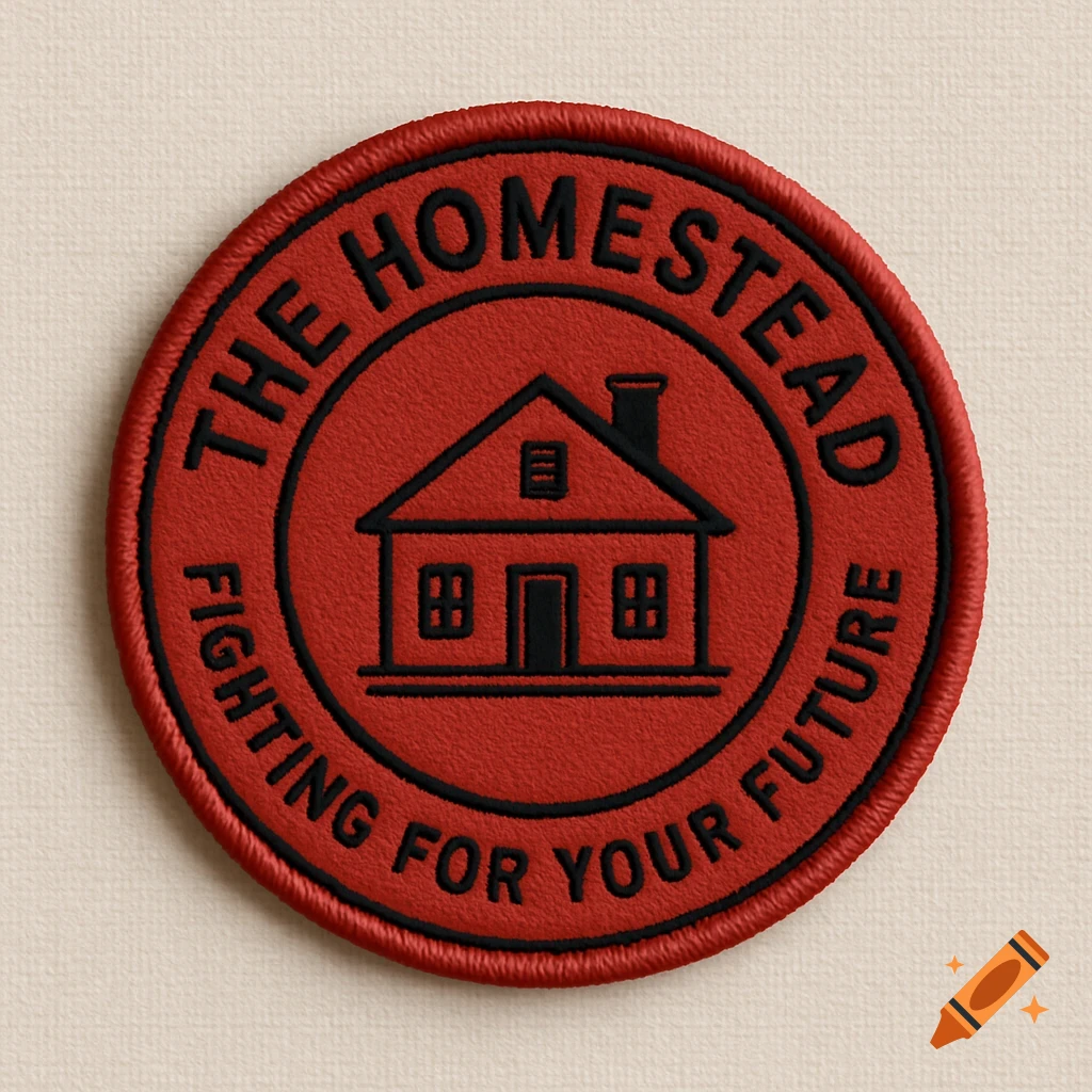 A red and black circular iron-on patch with the text "THE HOMESTEAD" and "FIGHTING FOR YOUR FUTURE" surrounding a house outline.