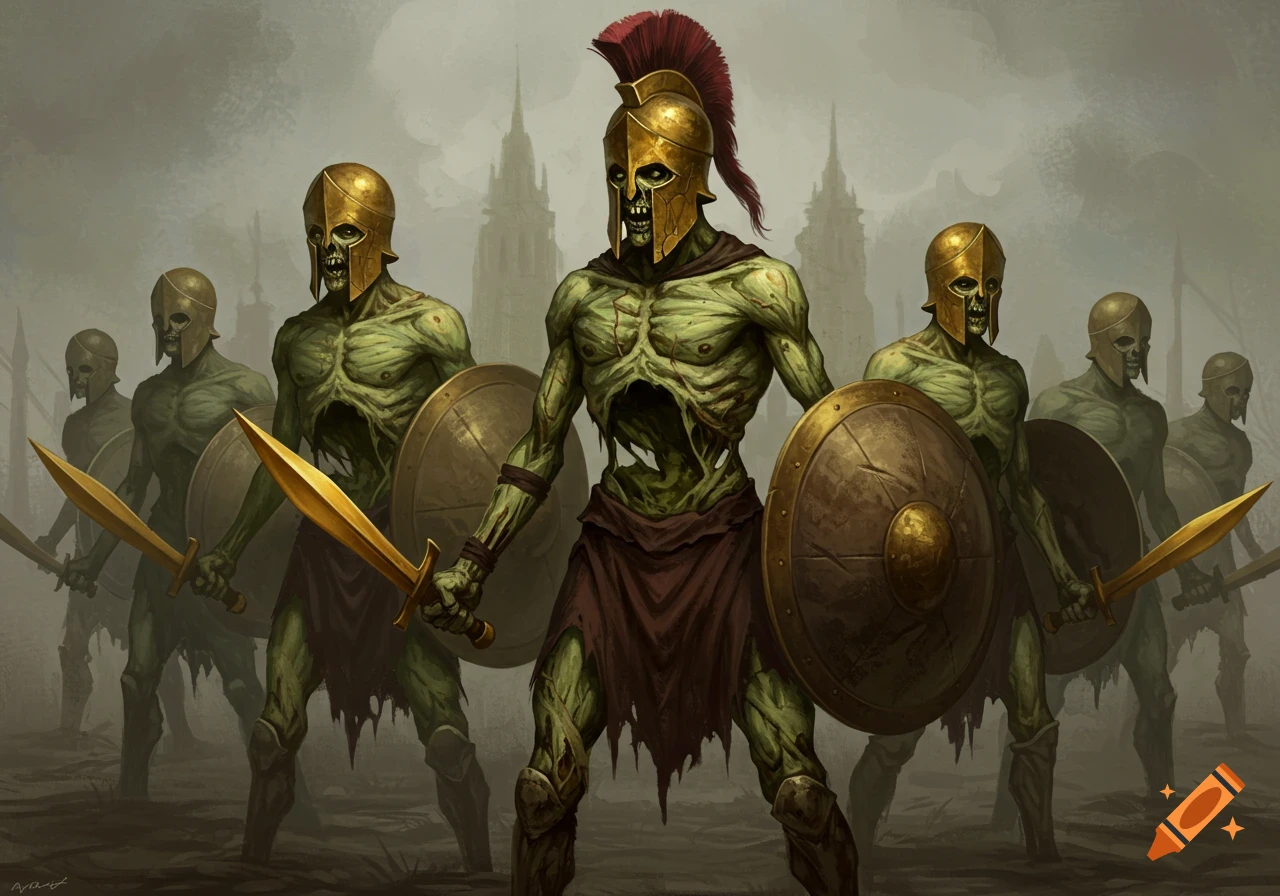 Green-skinned undead Spartan warriors with helmets, swords, and shields in a misty fantasy landscape.