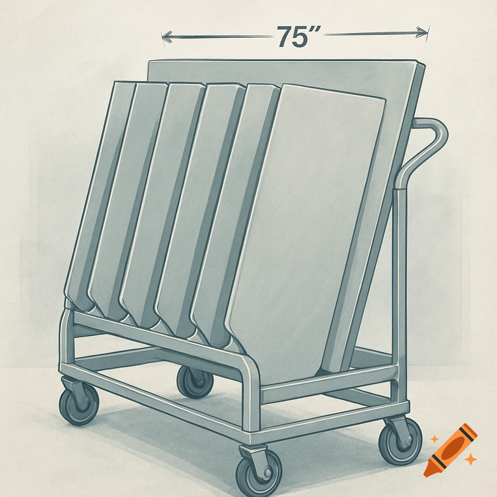 Technical illustration of an industrial cart holding large sheets, marked with 75 inch dimension.