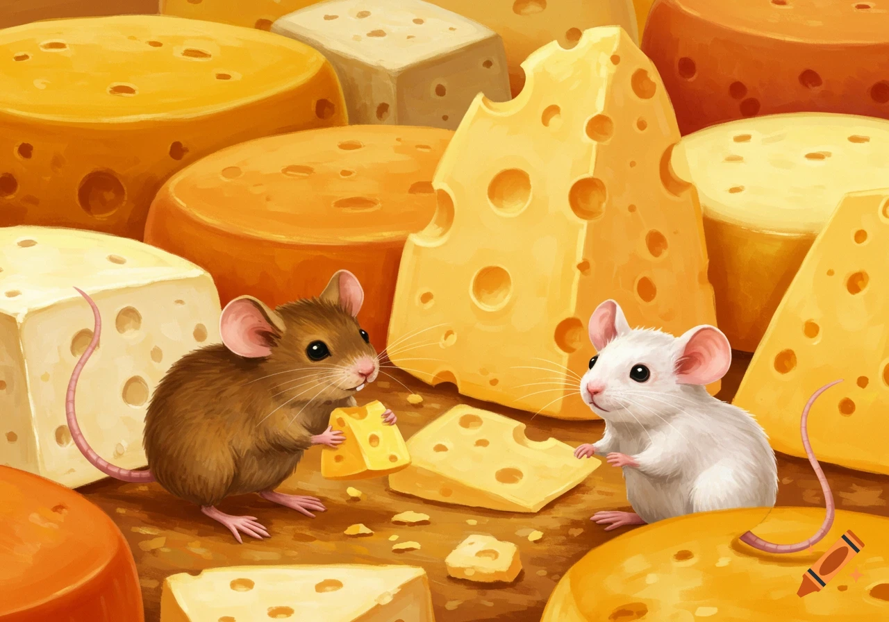 Illustration of two mice surrounded by large blocks and wheels of cheese.