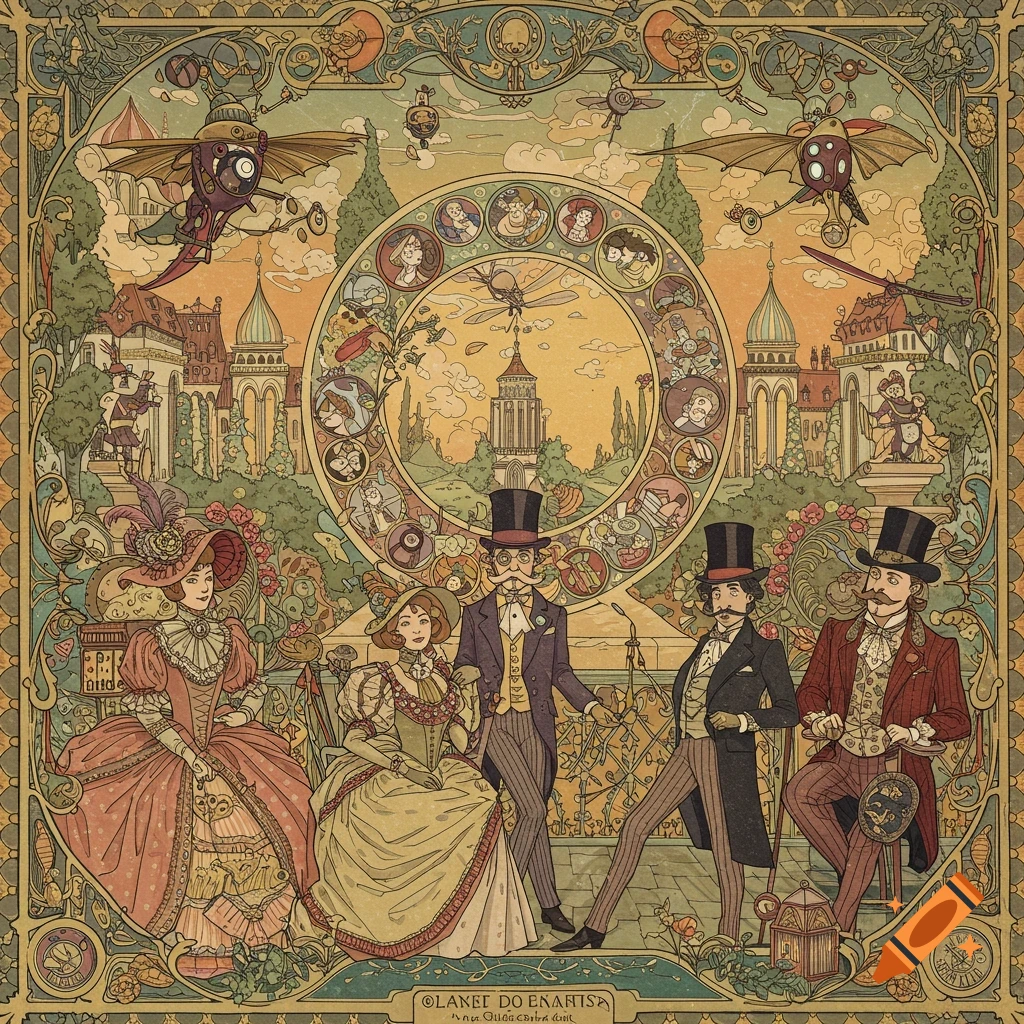 Illustration of elegantly dressed people in a park with flying machines, in a decorative, ornate style
