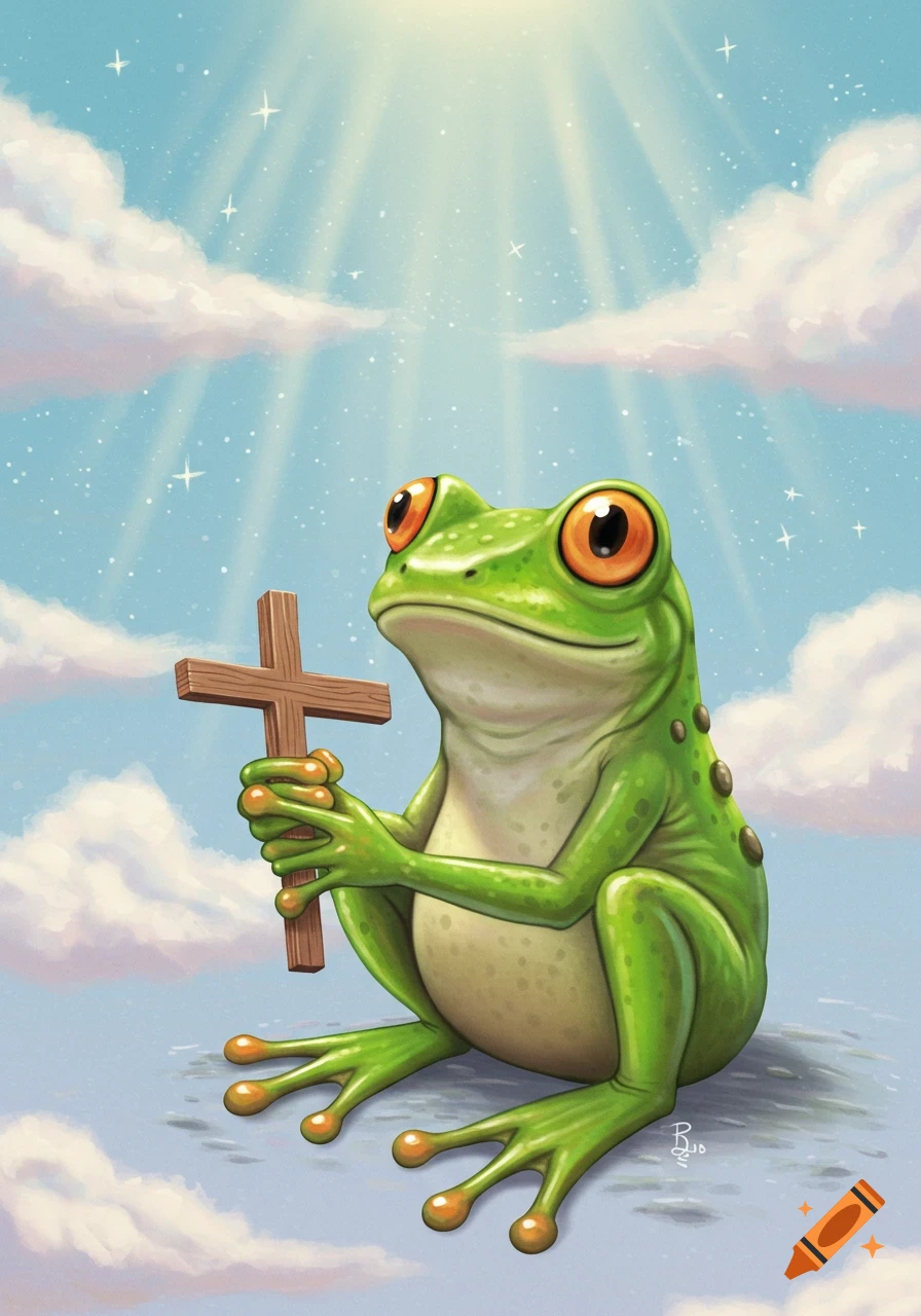 Cartoon illustration of a green frog holding a wooden cross while sitting in clouds with divine light shining down.