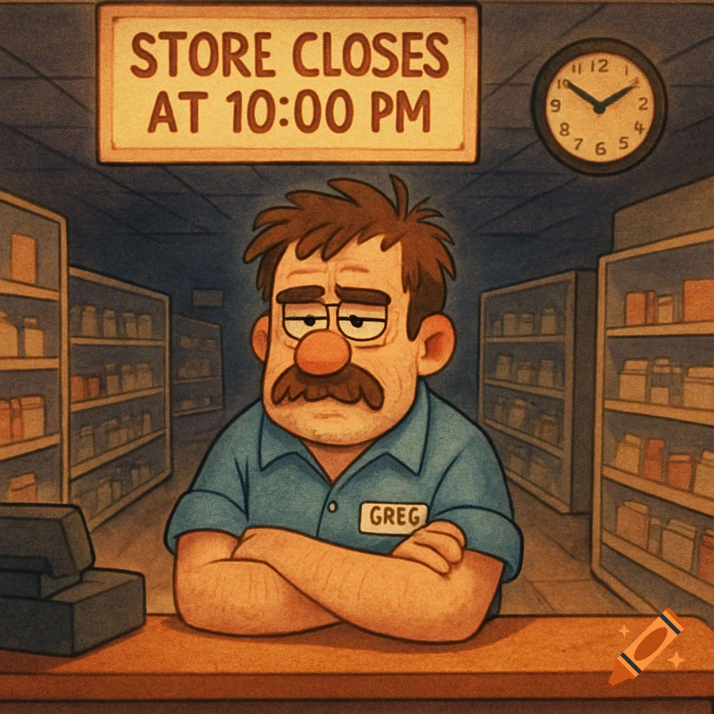 A tired cartoon man named Greg stands behind a counter in a dim store. A sign says 'Store Closes at 10:00 PM' and a clock shows 9:59 p.m.