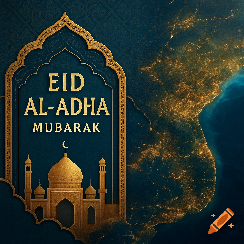 Eid al-Adha greeting card with Islamic art and satellite view