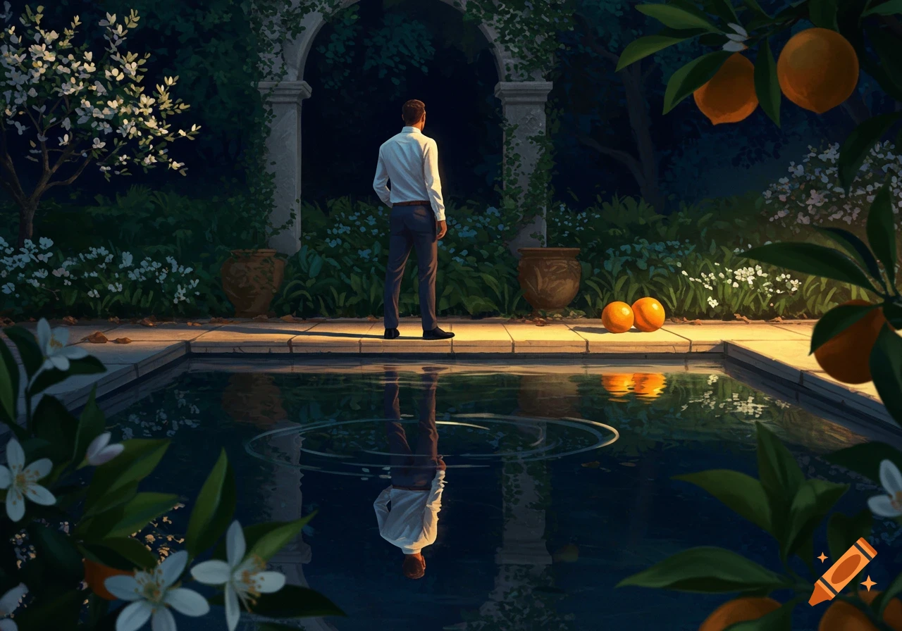 A man stands looking at his reflection in a pool in a dimly lit elegant garden with orange trees.