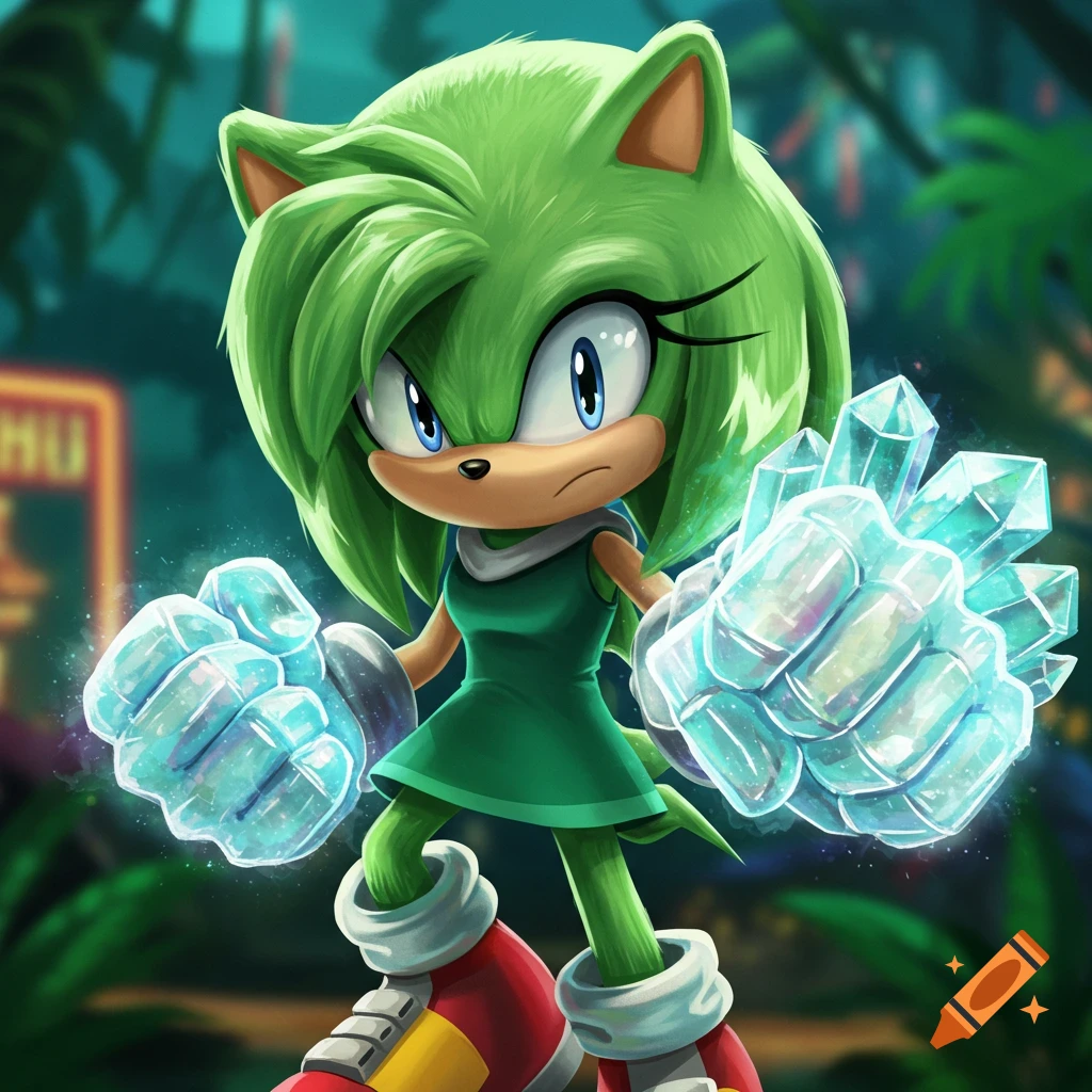 A green Sonic-style character holds up fists made of glowing blue crystals in a jungle setting.