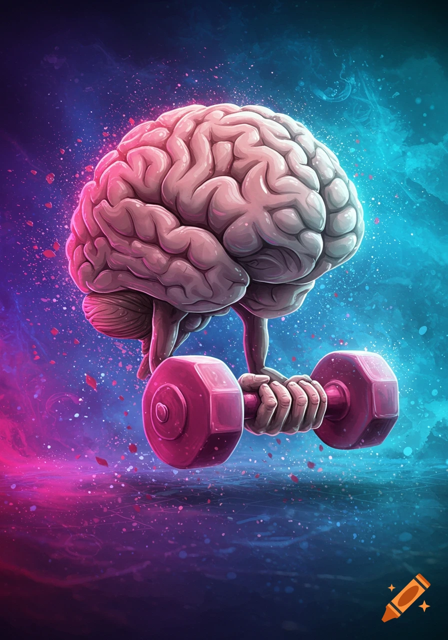 A stylized illustration of a brain lifting a dumbbell in a vibrant purple and blue abstract space.