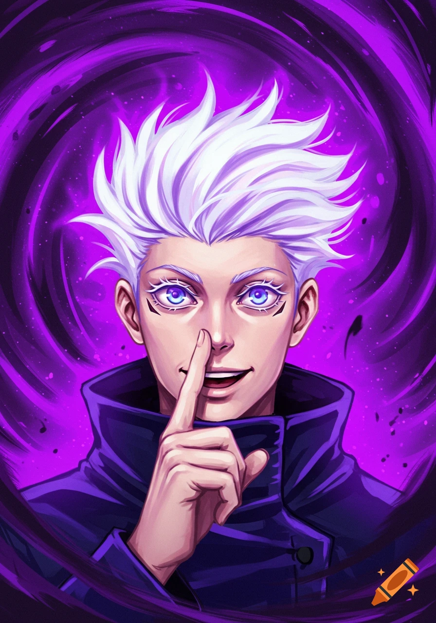 Anime illustration of Gojo Satoru shushing against a swirling purple background.