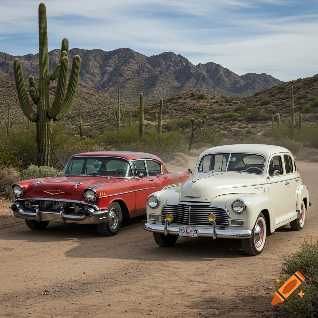 Two classic cars, a red sedan and a white sedan, sit on a dirt road in a desert landscape with saguaro cacti and mountains.