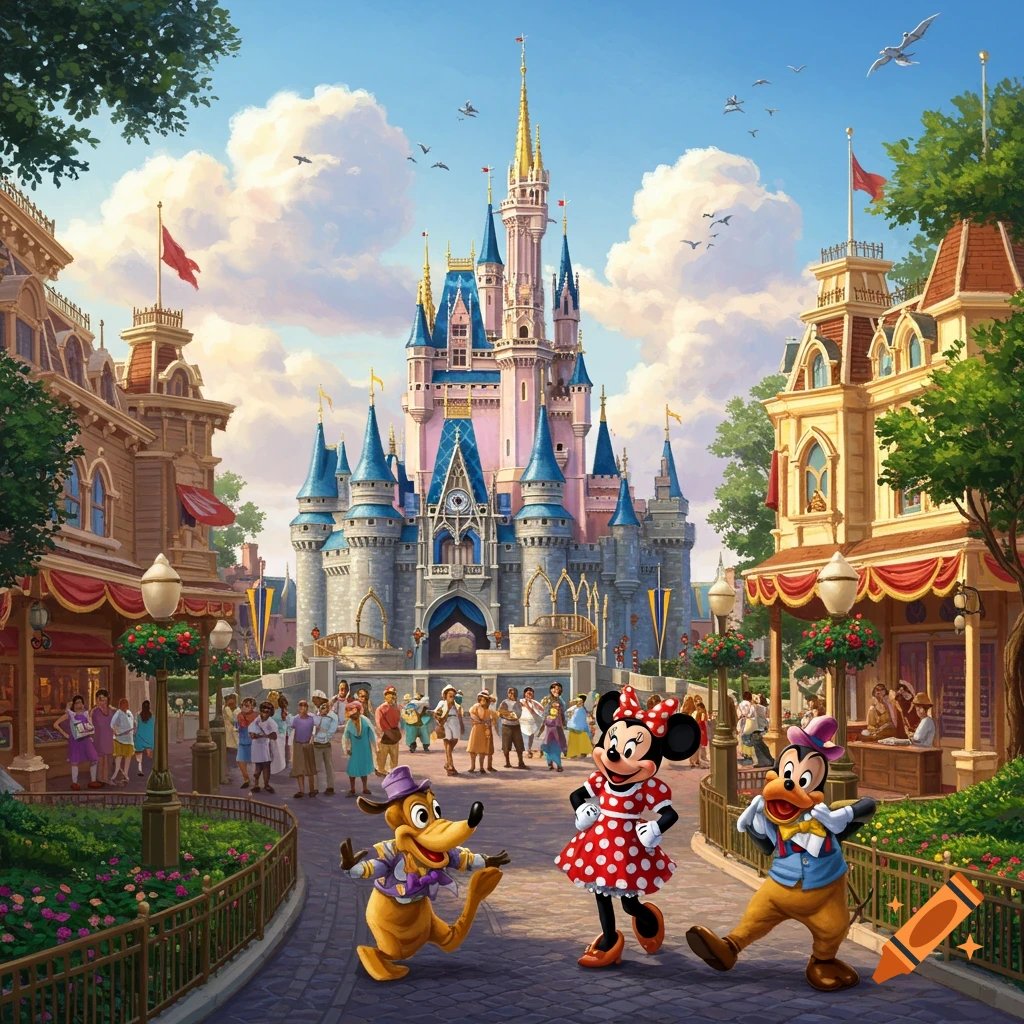 Cartoon characters like Minnie, Pluto, Goofy walk down a theme park street towards a castle, people line the path. Painting style.