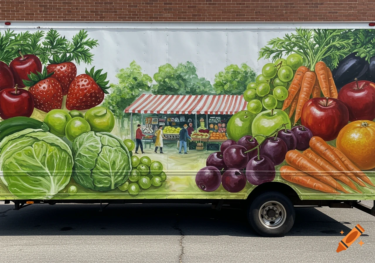 Mural on a box truck showing fruit, vegetables, and a market stand in a painterly style.