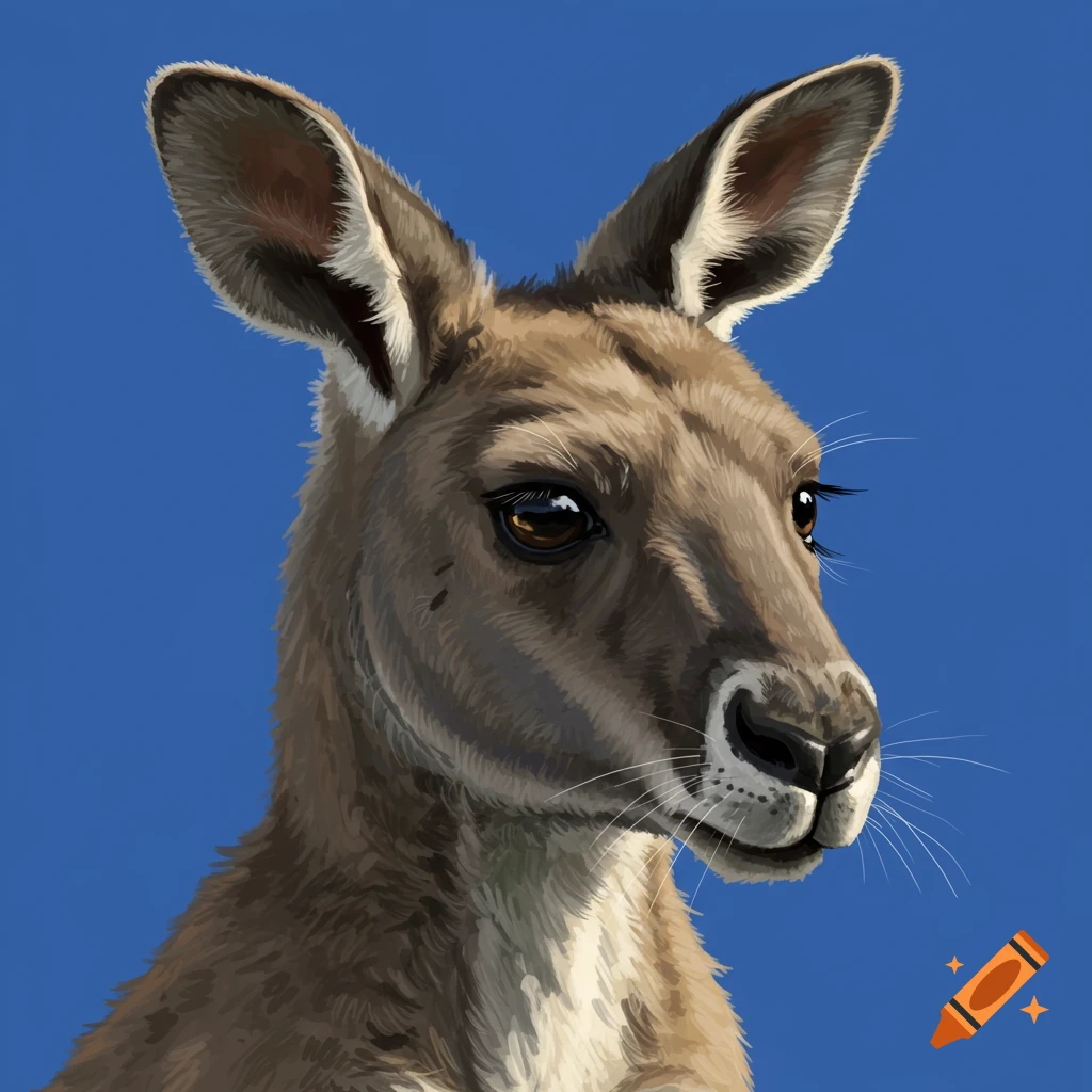 A close-up digital painting of a kangaroo's head and neck against a blue background.