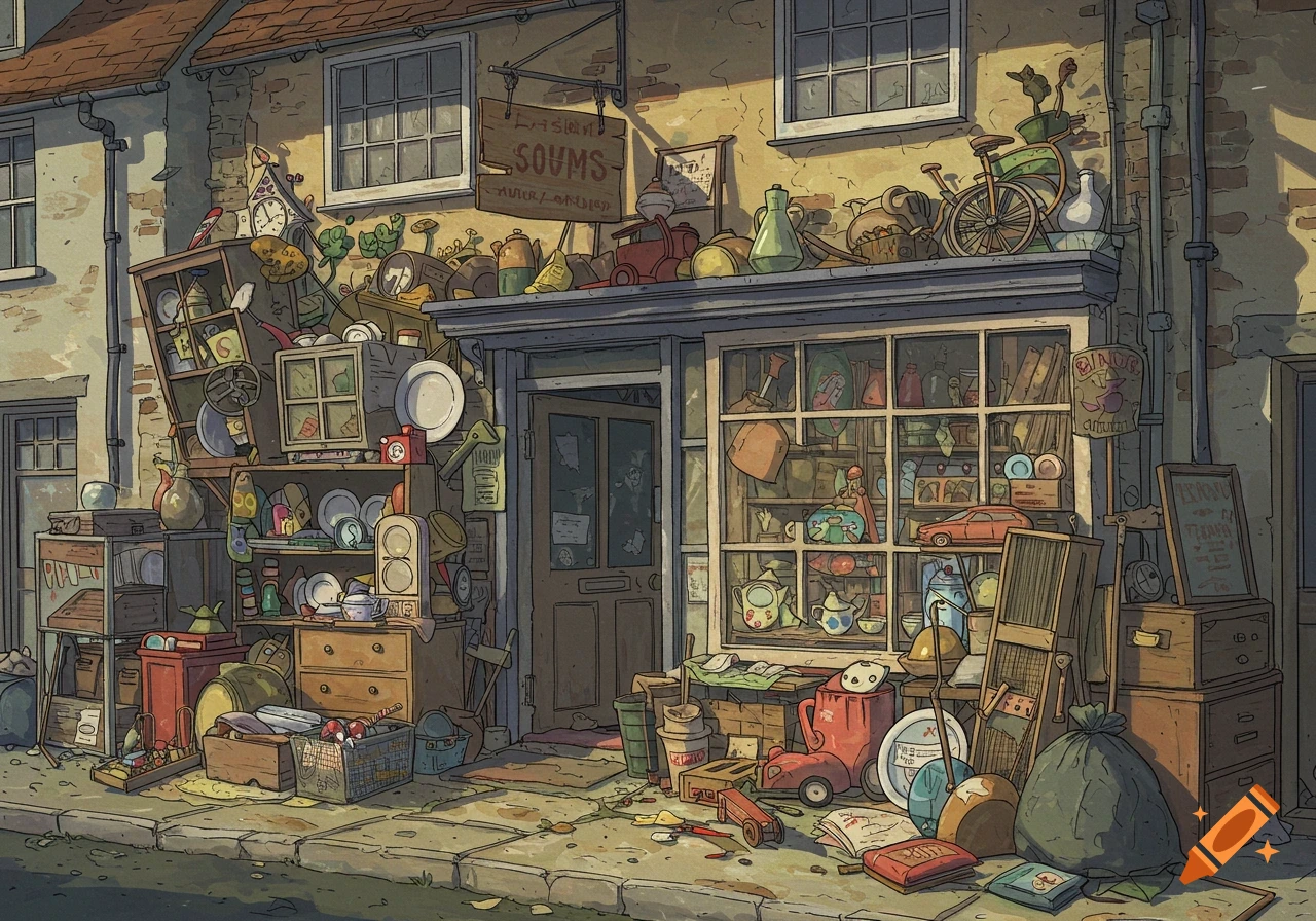 Illustrated scene of an overflowing village shop front piled high with assorted items and rubbish.