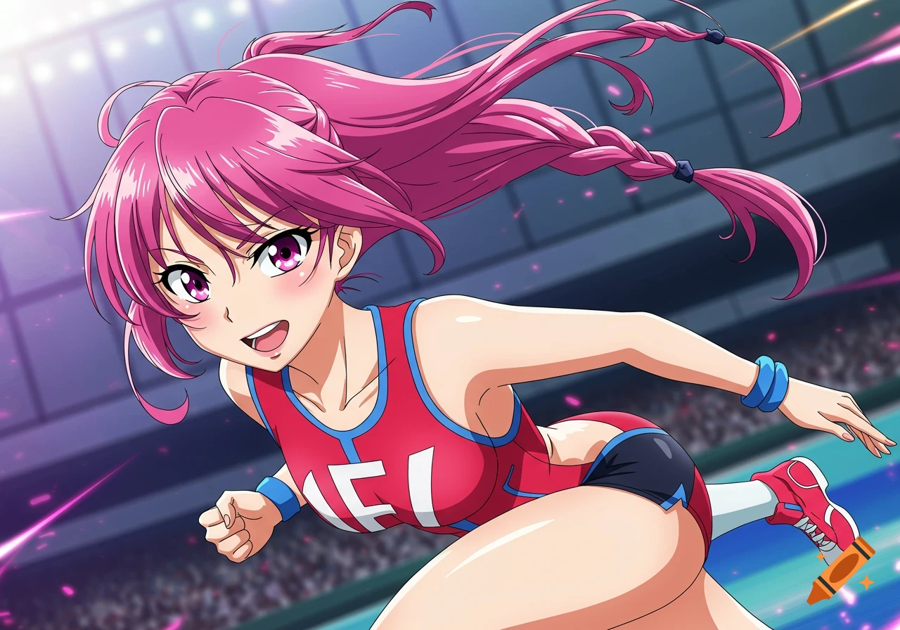 Anime girl with pink hair running in athletic gear on a track