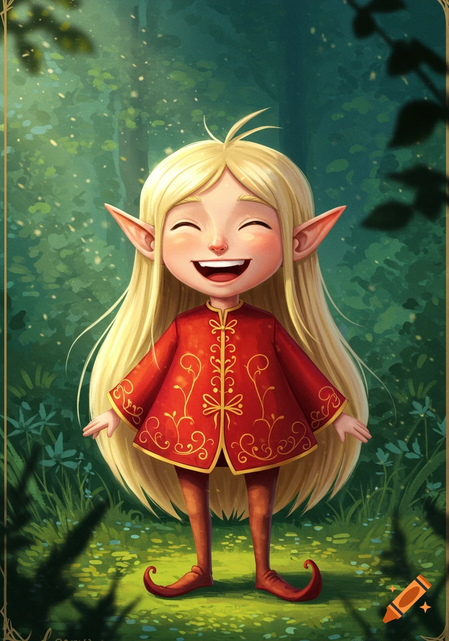 A cheerful blond elf in a red coat stands smiling in a forest illustration