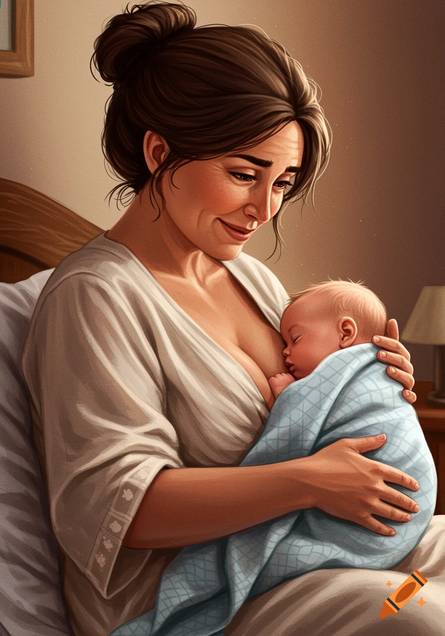Illustrative portrait of a mother breastfeeding her baby in a warm setting.