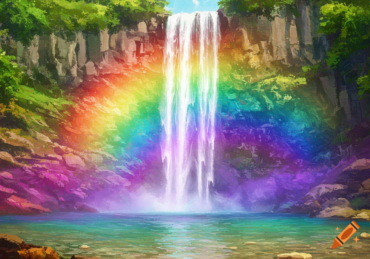 A vibrant rainbow arches over a cascading waterfall in a lush, rocky landscape, rendered in a painterly style.