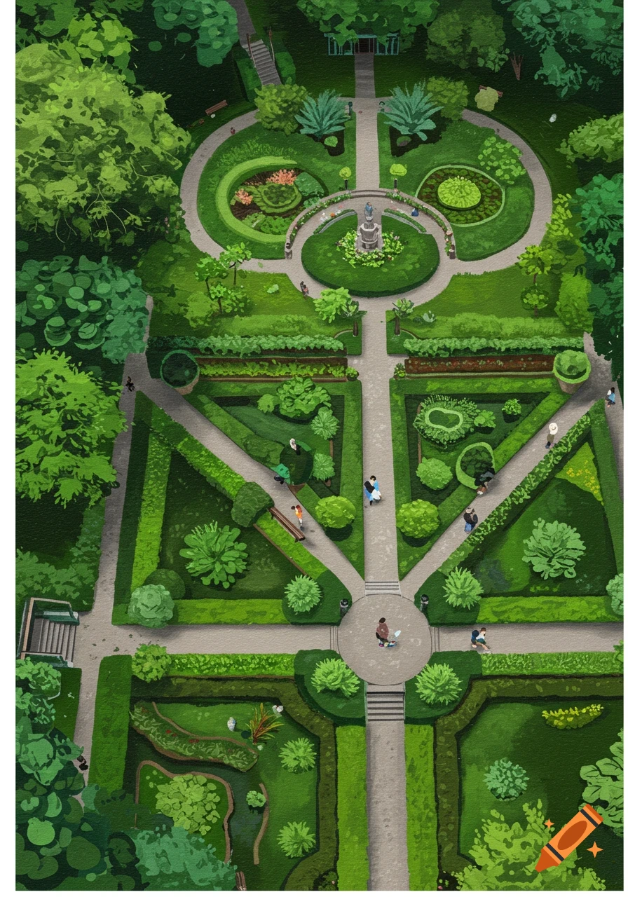Aerial view of a detailed formal garden with paths, hedges, a fountain, and small figures of people in a painterly style.