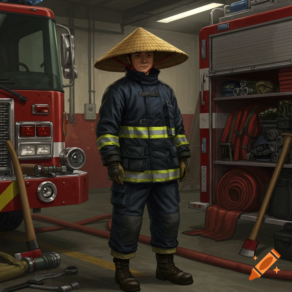 Illustrated firefighter wearing a straw hat in a fire station.
