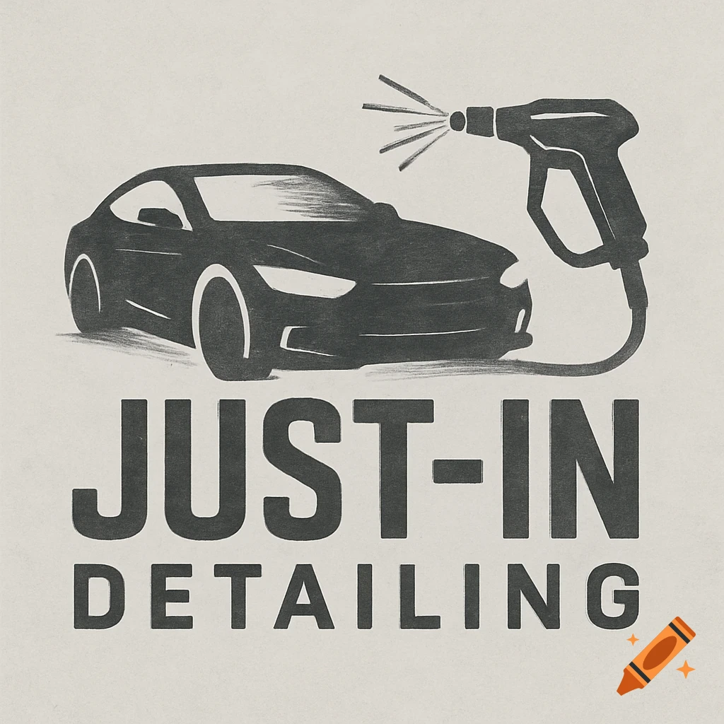 Black and white illustration logo of a car being power washed, with the text JUST-IN DETAILING.