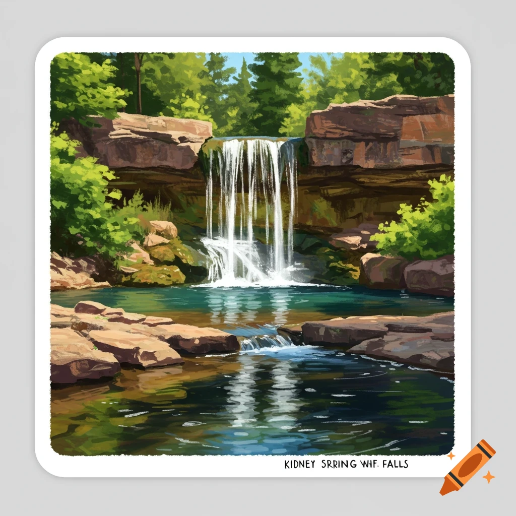 Painted illustration of a waterfall cascading into a pool surrounded by rocks and trees.