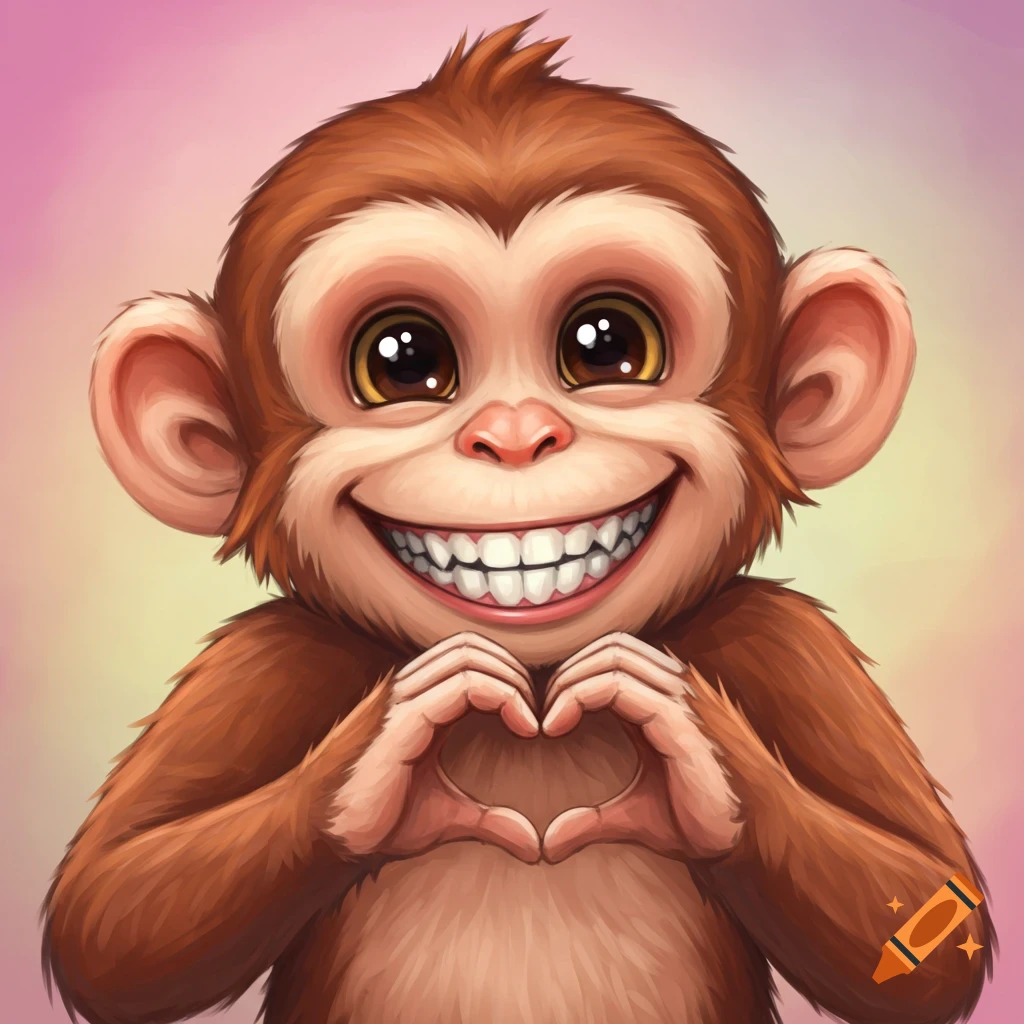 Cute cartoon monkey with big grin making a heart symbol with its hands