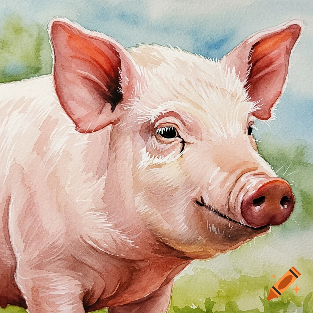 Close-up watercolor painting of a pig's face.
