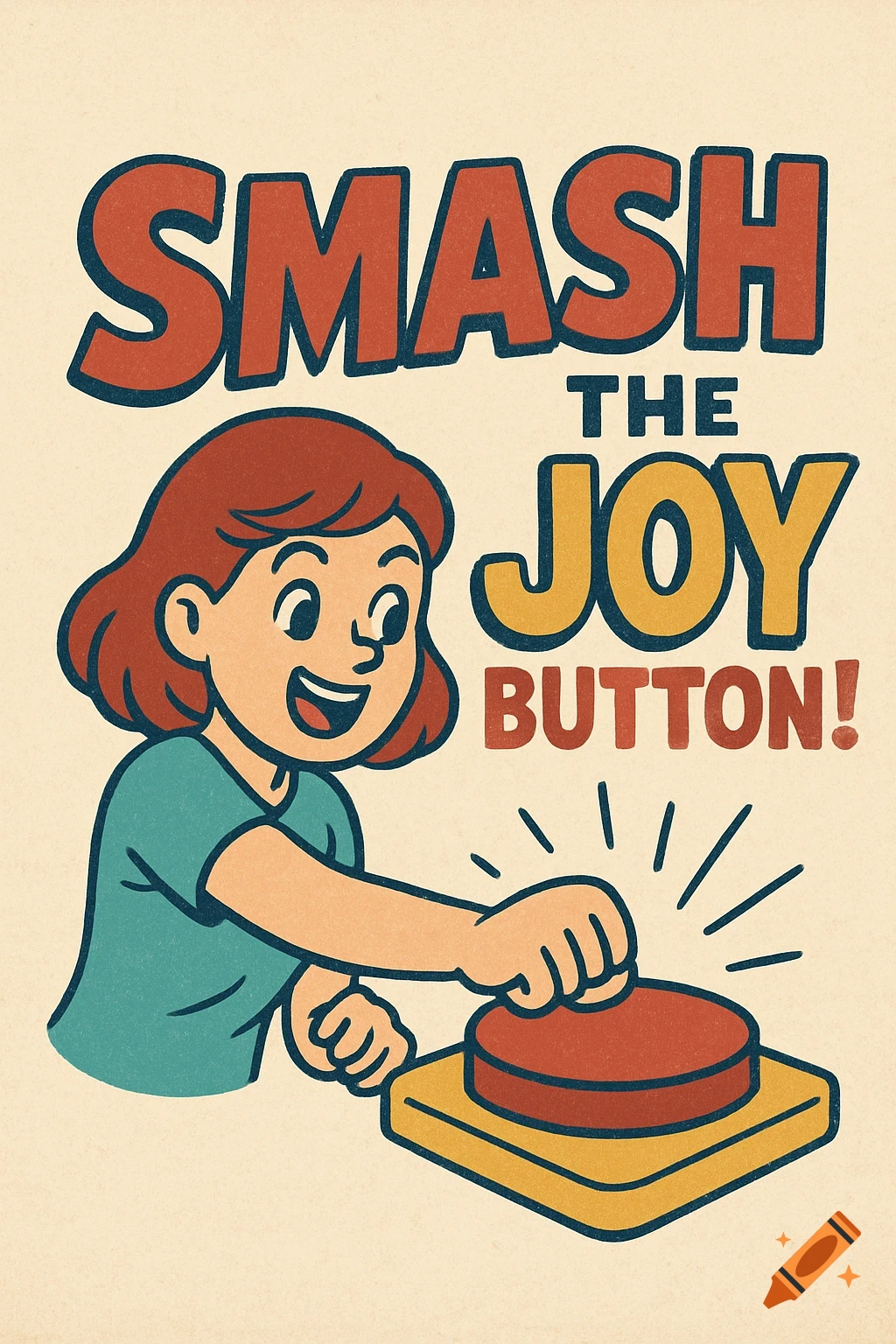 Retro illustration of a happy cartoon character smashing a large red button. Text reads 'SMASH THE JOY BUTTON!'