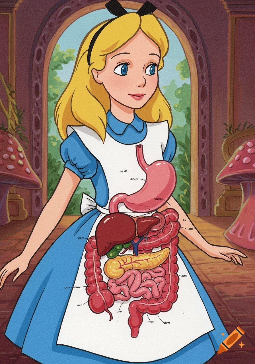 Cartoon diagram of internal organs overlaid on Disney's Alice in Wonderland
