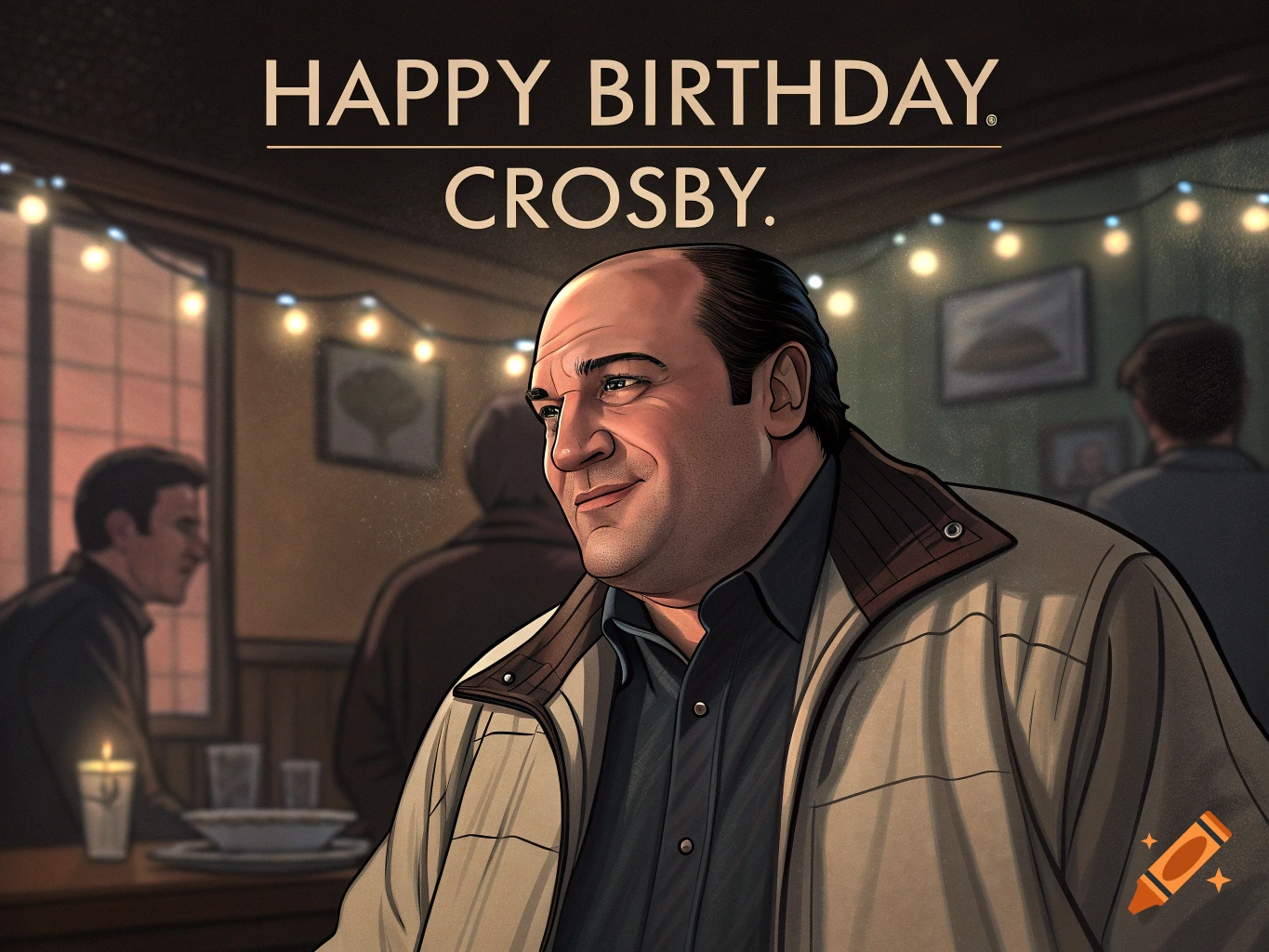 Illustration of a man resembling Tony Soprano in a bar with "HAPPY BIRTHDAY. CROSBY." text.
